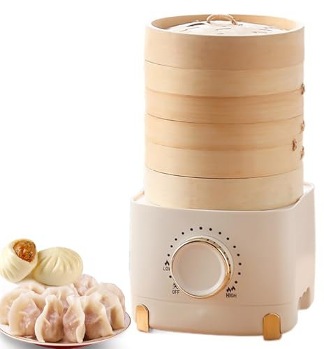 3-Tier Vaporizador de Alimentos Eléctrico – Vaporizador de Bambú de 350W con Olla de 800ML, Control de Perilla Ajustable, Fácil de Limpiar, para Cocción Saludable para 1-2 Personas