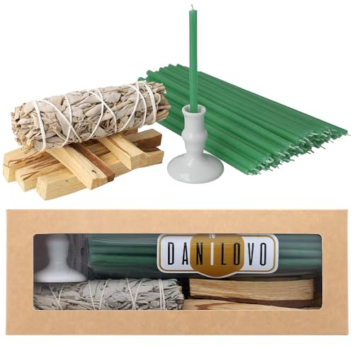 Danilovo Sahumerio Limpieza Energética - 5 Palo Santo, 1 Salvia Blanca para Quemar, 50 Velas de Cera de Abeja Natural y 1 Portavelas – Ideal para Meditación, Purificación y Aromaterapia