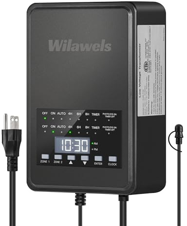 WILAWELS 300W Low Voltage Landscape Transformer, 2 Zone Independent Control 120VAC to 12/14V AC Low Voltage Transformer, Landscape Lighting Transformer with Timer & Photocell Sensor ETL Listed D26LT06