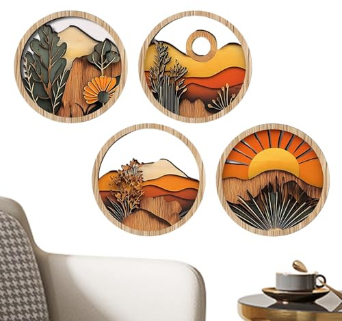 Boho Holz Wanddekoration | Boheme Wandkunst - 4er-Set Runde Holzrahmen Mit Geometrischem Design Rustikale Deko Für Eingangsbereich Flur Kaminbank Fensterbank Balkon Galerie