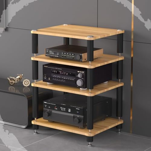 SHACNGI 3 Tier Av Media Stand Wood Shelf, Hifi Rack, Audio Tower, Record Player Stand Stereo Cabinet, Media Console Storage Shelf, Audio Video Components (Walnut, 4-Tier(60x48x80cm))