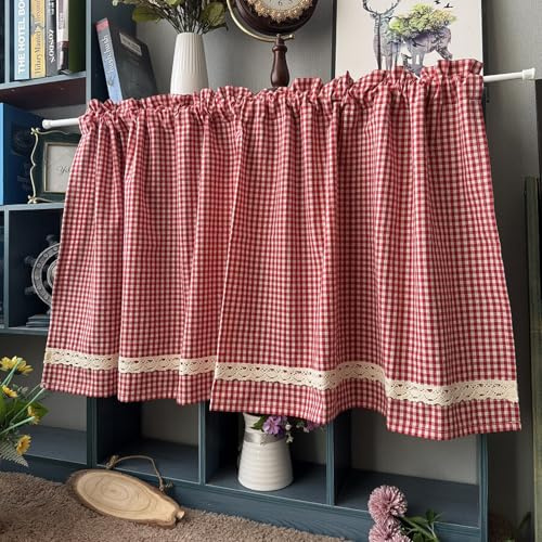 A.Monamour Gardine Scheibengardinen Kurzstores Baumwolle Rot Weiß Karierte Spitze Ländliches Bauernhaus Gingham Kurzvorhang Kurzgardinen Küchengardine Küchenvorhang Volants Küche Fenster Kurz Vorhang