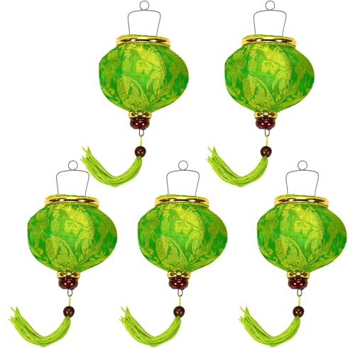 Set mit 5 kleinen asiatischen Laternen aus Seide, grün, R, Durchmesser 12 cm – traditioneller Hoi an Lampion aus Stoff, Bambus und Holz – Dekoration und Handwerk aus Vietnam (S56-8310)