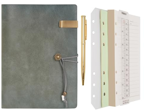 Wonderpool Leder Tagebuch Notizbuch Ringbuch–Nachfüllbarer Ordner Schreibpapier Spirale Business Notizblöcken Vintage Einband für Büro Plan Reisen Organizer (a-Grün, A5)