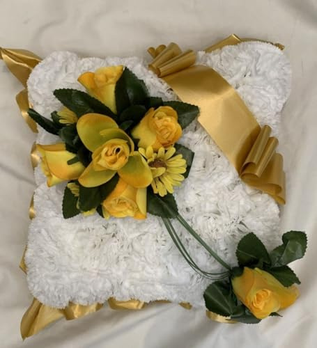 Silky Bouquets Cushion Funeral Tribute in Gold – Silk Flower Cushion with Ribbon Edge | Personalized Memorial Arrangement in Any Colour with Name Sash & Message Card
