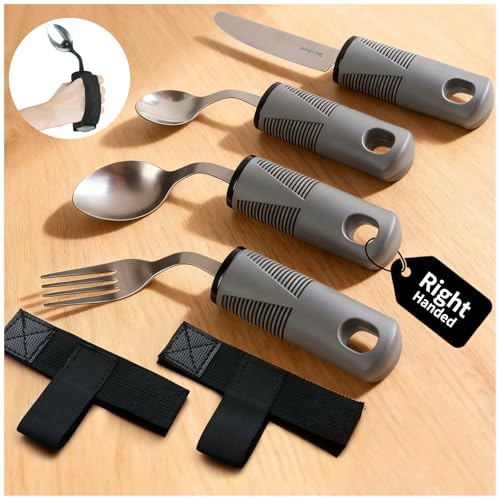 AKIMRABY Adaptive Utensils Set, 4-Piece Weighted Utensils with 2 Elastic Strap for Parkinson’s, Arthritis and Hand Tremors, Non-Slip Handles for Easy Grip & Independence, Right Handed