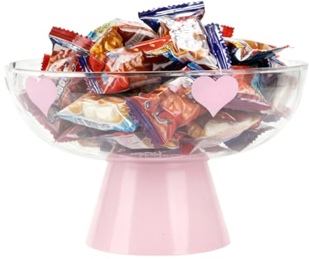 YGFRSTO Candy Bowl with Pedestal Base, Decorative Clear Plastic Bowl with Cute Pattern for Candy, Fruit, Vegetable, Coffee Pods, 9.5x9.5x6 Inches (Pink)
