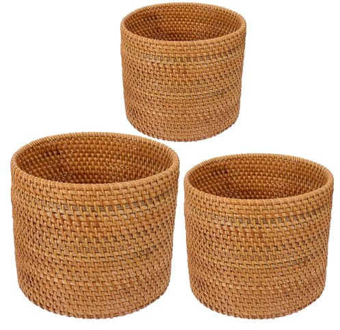 Cabilock Lot de 3 poubelles rondes en rotin, corbeille à papier, poubelle de bureau, corbeille à papier cylindrique en osier tissé à la main, petit panier de rangement pour fleurs