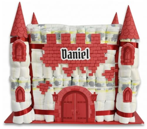 CASTILLO DE PAÑALES con 170 pañales - Regalos para recién nacido - Baby shower - Regalo para bebés - Regalos con pañales - TARTAS DE PAÑALES Y MÁS (ROJO)