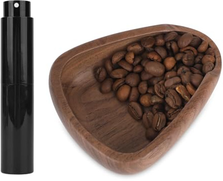 Set di Dosatore per Chicchi di Caffè e Flacone Spray, Vassoio Dosatore Chicchi in Legno Noce Accessori per Caffè Espresso con Spray Antistatico