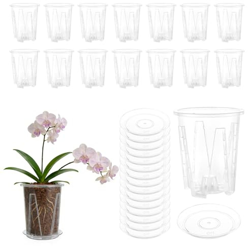 SHUESS 16 macetas transparentes para orquídeas con plato, 12 cm, de plástico, con orificio de drenaje y columna de aire, para el crecimiento de raíces de orquídeas (1,2 L)