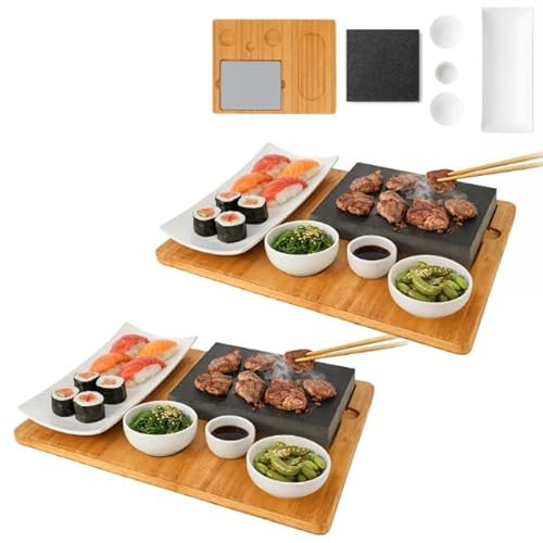 CAWI Lavasten, steakbräda, 2 uppsättningar, serveringsfat, bambubräda med het stengrill, steak grillplatta, stenplatta, bordsgrillset