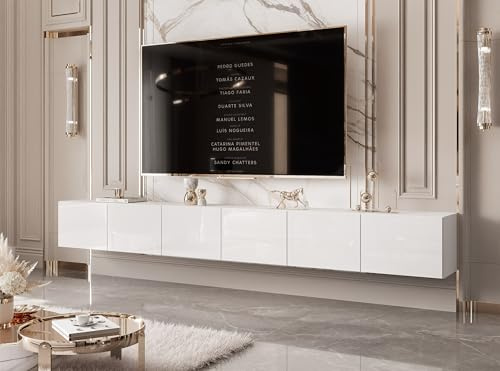 IDOHOME TV Lowboard hängend mit LED und 6 Fächern 300 cm Weiß Hochglanz | 300 x 40 x 36 cm, Laminierte Platte, Mehr Stauraum, Push to Open, TV Zubehör, LED Beleuchtung
