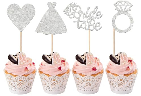 24 PCS Bride to Be Cupcake Toppers,Glitter Diamond Heart Dress Cake Toppers for Bridal Shower Engagement Hen Party Decorations,Silver