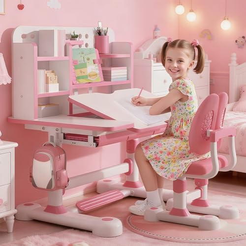 Techimes 2026 New Desk for Kids | Height Adjustable | Bedroom Kids Study Table and Chair Set | Children's Desks w/Tilt Desktop & Sitting Corrector | for Reading Writing for Children Girls | Pink
