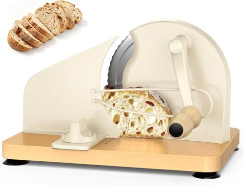 Manuelle Brotschneidemaschine mit Handkurbel | Einstellbare Scheibendicke | Scharfe Edelstahlklinge & Buchenholz Basis | Rutschfest durch Saugnäpfe | Kompakt für selbstgemachtes Brot & Sauerteigbrot