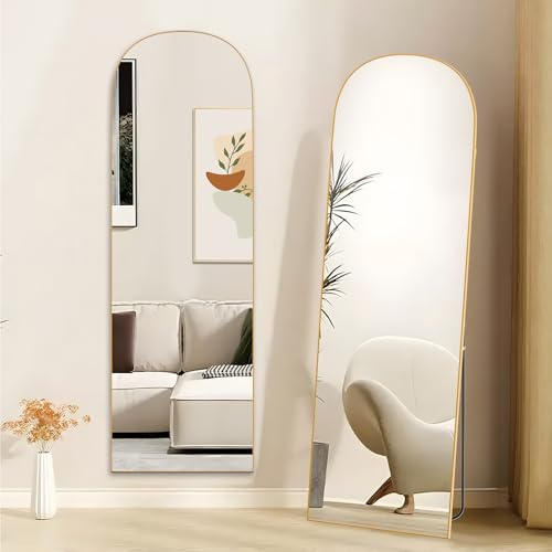 Specchio a Figura Intera 162 x 52cm, Vetro Temperato, Cornice in Alluminio | Specchio da Terra ad Arco con Supporto, Specchi da Parete Lungo da Appendere o Appoggiato per Camera da letto Ingresso, Oro