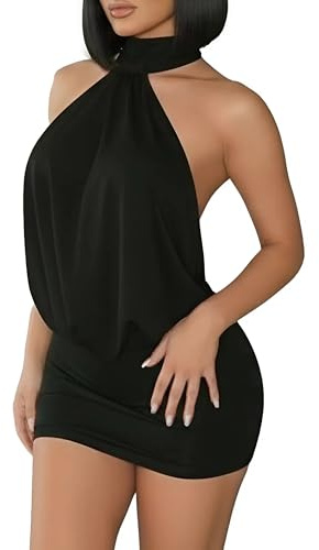 AMABILEMIA Vestito Donna Corto Sexy Estivo Miniabito Nero Elegante con Schiena Scoperta e Collo Alto, Ideale per Sera Festa e Discoteca AM234 (IT, Testo, L, Regular, Regular, Nero)