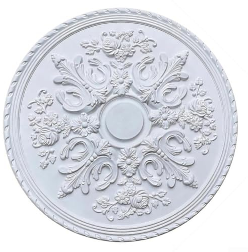 Medallón de techo redondo de poliuretano de 60 cm, base de araña tallada floral, sala de estar, dormitorio, comedor, base de candelabro floral, roseta de techo de poliuretano, placa de lámpara blanca
