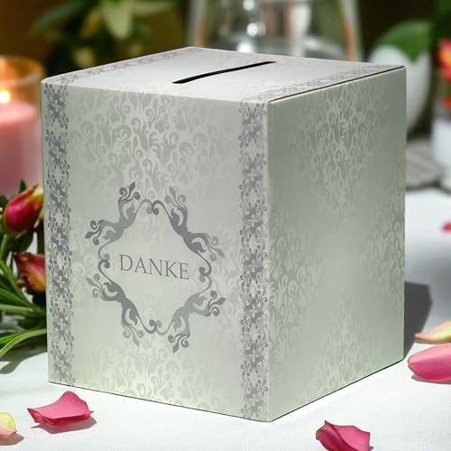 EinsSein 1x Geldbox groß ArtDeco 25x25x29,5cm grau-grün-silber Pappkarton | Hochzeitsbox Kartenbox | Geschenkkartenbox für Hochzeitsempfänge Geburtstage Abschlussfeiern Babyparty