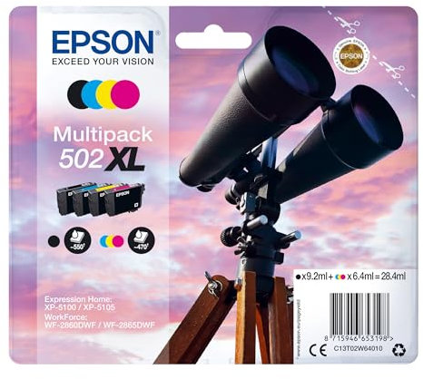 Epson Original 502XL Tinte Fernglas Multipack 4-farbig XL, XP-5100 XP-5105 XP-5150 XP-5155 WF-2860DWF WF-2865DWF WF-2880DWF WF-2885DWF, ReadyPrint Flex-Tintentarife