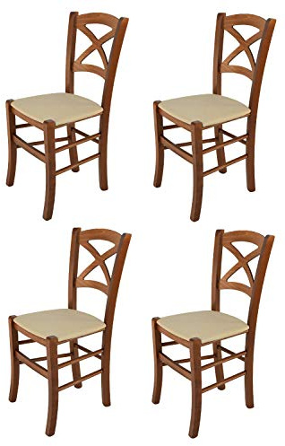 t m c s Tommychairs - 4er Set Stühle Cross für Küche und Esszimmer, Struktur aus lackiertem Buchenholz im Farbton Helles Nussbraun und gepolsterte Sitzfläche mit Stoff in der Farbe Hanf bezogen