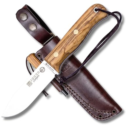 Joker Cuchillo de supervivencia BS9 Campero CO112-P, mango de Madera de Olivo, hoja de 10,5 cm, incluye funda de cuero de piel con pedernal, Herramienta de pesca, caza, camping y senderismo