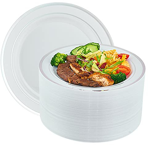 Vplus 100 Piece 10 Inch Silver Plastic Plates Disposable, Heavy Duty White Elegant Durable Dinner Plastic Party Plates with Silver Rim Perfect for Party Christmas