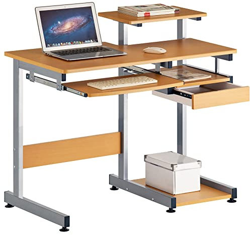 BAKAJI Scrivania con Cassetto Ripiano per Scanner Stampante Portatastiera e Mensola Estraibile Tavolo da Lavoro Porta Pc Computer in Metallo e Legno MDF Arredamento Casa Ufficio Cameretta