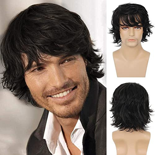 Beweig Herren Perücke Schwarz Kurz Haare Layered Wave Perücken mit Pony Synthetische Cosplay Perücke Kostümparty Halloween Party