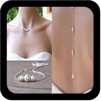 Inilbran Boho Pearl Back Halsketten Lange Pearl Cz Backdrop Halsketten Silver Pearl Back Chain Halskette Vintage Crystal Body Chain Halskette Summer Body Jewelry für Frauen und Mädchen