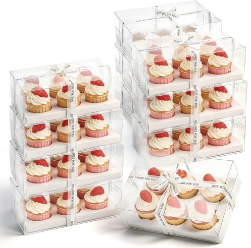 Cedilis 15 Stück transparente Cupcake-Boxen, 6 Cupcake-Behälter mit Geschenkband, Kunststoff-Cupcake-Tragetasche, Halter für Leckereien, Dessert, Kekse, Muffins, Gebäck, Babyparty, Party
