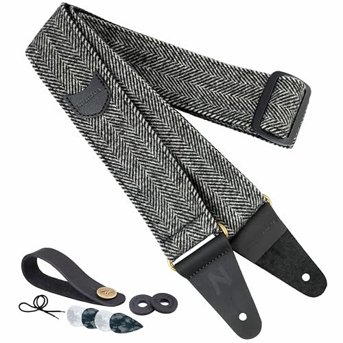 Nefelibata Gitarrengurt, weicher kaschmirhaltiger Stoff, Vollnarbenleder-Gitarrengurte für Bass-, Elektro- und Akustikgitarren, kostenloser Knopf, Schlösser und Plektren