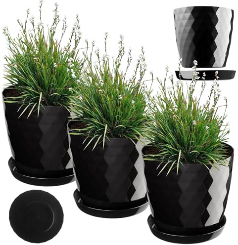 KADAX Blumentopf, Kunststoff Topf-Set mit Untersetzer, Pflanzkübel aus leichtem Material, dekorativer Kräutertopf, Topf für Blumen, Pflanzen, Kaktus und Sukkulente (Set of 3 – 16cm, schwarz)