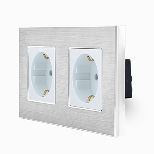 Luxus-Time 2-Fache Steckdose im zweifachen Design Aluminiumrahmen für die DE Unterputzdose Einbau Dose zweifach Schuko Stecker in Weiß LXBA2-11-71-11