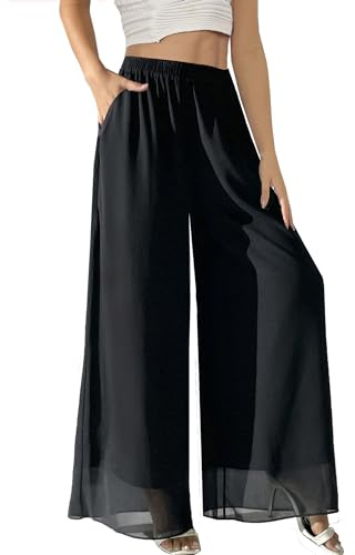 Fakanhui Damen Chiffon Wide Leg Palazzo Pants Hohe Elastische Taille Casual Flowy Business Hosen