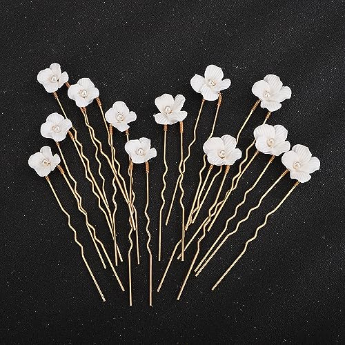 Teyglen Braut Hochzeit Haarnadeln Blume Braut Haarspangen Dekorative Haarschmuck Zubehör Handgefertigt Gold Silber Weiß Blume Haarteile für Frauen Blumenmädchen (12 Stück) (Gold)