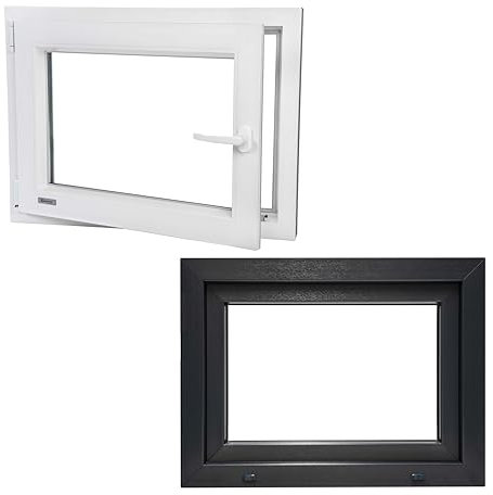 Kunststofffenster PVC Wärmedämmend Fenster Garagenfenster Kellerfenster Billig Günstig Alup Neo Energeto Dreh Kipp 2-Fach Verglasung Innen Weiss Außen Anthrazit 75x85cm 750x850mm DIN Links Hersteller
