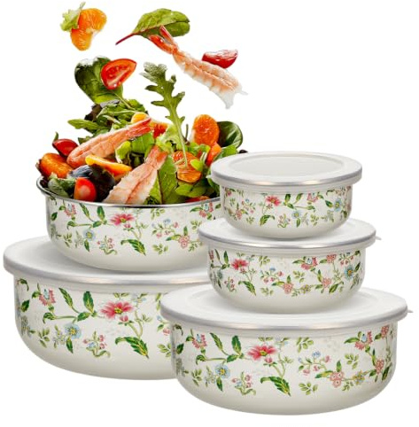 Cabilock 5pcs Enamel Bowls with Lids Set for Kitchen Storage and Serving, Round Fruit and Salad Bowls Suitable for Freezing, Sturdy and Enamel Material for Everyday Use
