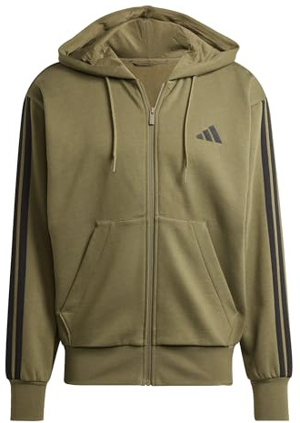 adidas Men's Essential Three Stripes Fleece Zipper Hoodie Sweatshirt, olive strata/black, XL