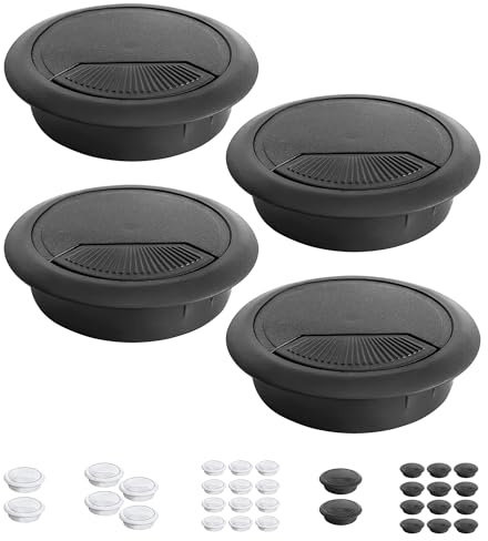 Mablik® Pasacables Escritorio Negro, 4 Unidades. Tapa Pasa Cables para Escritorio como Embellecedor, Agujero Mesa de Diámetro 60 mm, con Muelle. Organizador de Cables (4 Pasacables Negro)