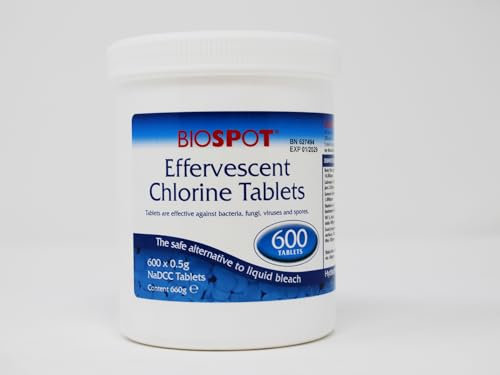 TEST ALL WATER - Biospot Effervescent Chlorine Tablets | Disinfects & Cleans | NaDCC Based | Eliminates 99% Germs | Fast Dissolving | 600 Tabs per Pot | Tablet Diameter: 16mm