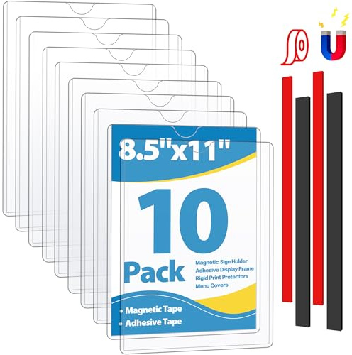 VAIIGO 10 Pack Magnetic Sign Holder 8.5 x 11 - Plastic Wall Sign Holder with Magnet and Adhesive Tape - Magnetic Display Frame - Adhesive Plastic Frame Rigid Print Protectors Document Poster Holders