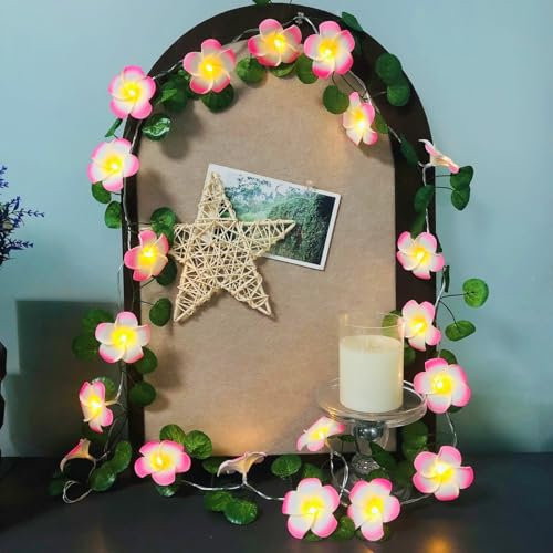 Riaxuebiy Artificial Ivy Leaf Garland with 2M 20 LED Pink Plumeria Flower Fairy String Lights Battery Operated for Bedroom Home Wedding Hawaiian Luau Party Decoration (Pink Plumeria)