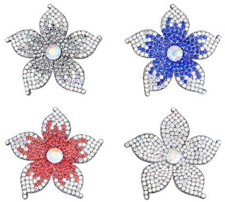 SUPERFINDINGS 4 Stück Blumige Kristall-Strass-Applikationen, Stoffapplikationen, Aufnähbare Nähbroschen, 4 Farben, 2 Größen: 51x51x5.5mm, 48x50x5mm