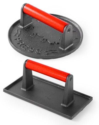 Burger Press 7 Round & 8.6‘’X3.5”Rectangle,Heavy-Duty Cast Iron Grill Press with Wood Handle, Bacon Press,Sandwich Press -2 Set
