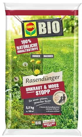 COMPO BIO Rasendünger Unkraut & Moos Stopp - verhindert Ansiedlung von Moos und Unkräutern - 100% natürliche Inhaltsstoffe - 5,5 kg für 110m²