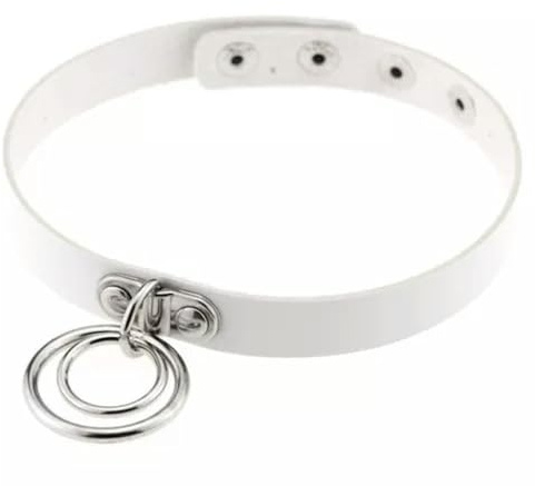 Gothic Punk Weiß Pu Leder Spike Nieten O-Ring Halsband Ohrstecker Choker Halskette-Doppel O-Ring 40cm