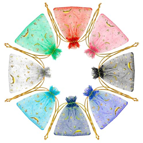Wanmu 100 Stück Multicolor Organzasäckchen, 9 × 7 cm Mond-Sterne Organza-Schmuckbeutel mit Kordelzug, Gemischte Farben Kleine Netzbonbon-Geschenkbeutel für Party, Hochzeit, Schmuck, Weihnachten