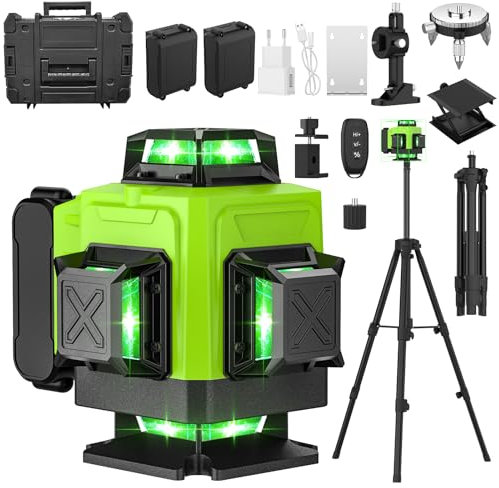 Niveau Laser Vert 360 Autonivelant, Laser Chantier 4D 16 Lignes avec 3.7V 2 x 4800mAh Batteries, IP54, Lazer Niveaux avec Trépied 1.2M, Boîte à Outils Portable et Télécommande